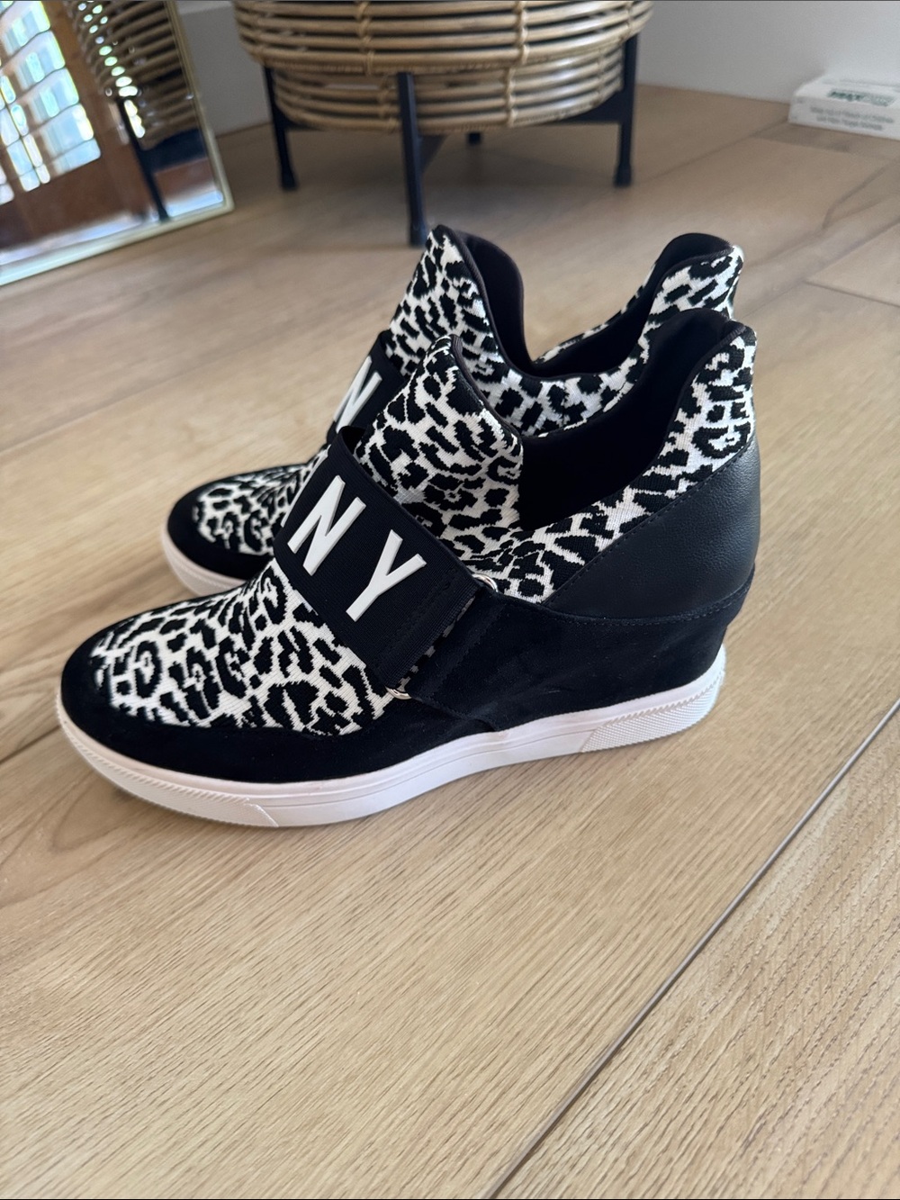 DKNY Black & White Leopard Wedge Slip-On Sneakers